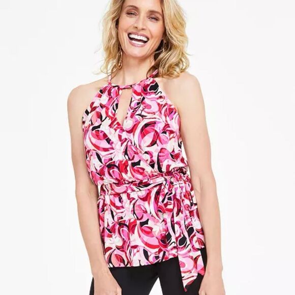 INC International Concepts Abstract Print Keyhole Halter Peplum Blouse Pink XS - Picture 7 of 7